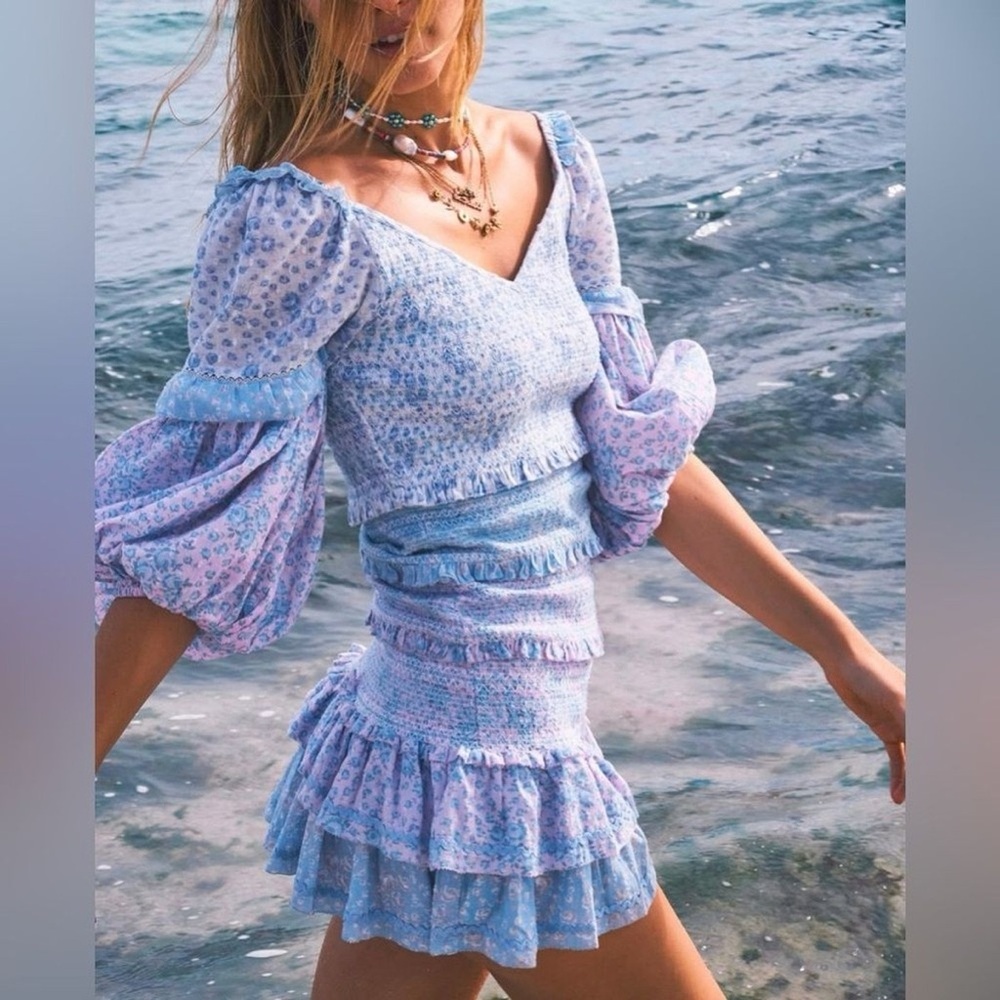 NWT LoveShackFancy Ensley Ballon Sleeves Tiered Mini Dress Blue Pink Floral L